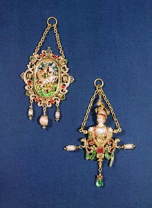 Ovale hanger juweel met St. Joris die de draak doodt, Noord-Europees, ca. 1600; Hanger juweel in de vorm van een buste van Minerva, Zuid-Duits, ca. 1570 door Unbekannt