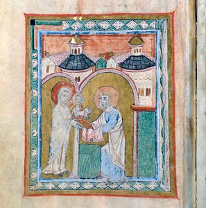 Pagina van een codex met de Presentatie in de Tempel, Schatkamer van de Kathedraal van Vercelli door Unbekannt