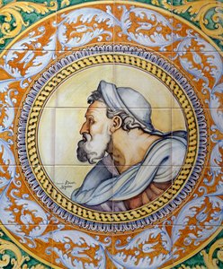 Beschilderd maiolica-paneel met het hoofd van een oude man in de stijl van Michelangelo, gemaakt door Ceramiche Desuir, Santo Stefano di Camastra, Sicilië, Italië, (detail) door William M. Timlin