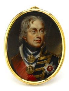 Geschilderde miniatuur, die vice-admiraal Horatio Nelson voorstelt. Gemonteerd op een koperen en emaille hanger, begin 19e eeuw, portret van Henry Pierce Bone