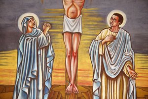 Schilderij. De kruisiging van Jezus Christus. De Maagd Maria en Sint Jan, Aneho, Togo door Unbekannt
