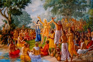 Schilderij die Chaitanya en Nityananda dansend onder vaishnavas afbeeldt. VK (foto) door Unbekannter Künstler