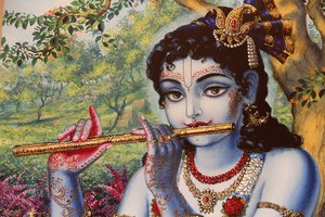 Schilderij van de hindoegod Krishna die buiten fluit speelt, India door Unbekannt