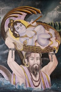 Schilderij in Gokul: Krishna als baby gedragen over de Yamuna-rivier door Vasudeva, India