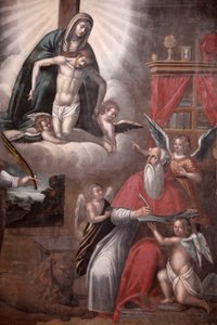 Schilderij in de Tricase kerk: Sint Marcus schrijft het Evangelie, Tricase, Italië door Unbekannt