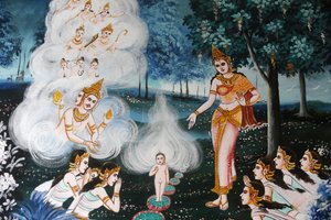 Schilderij in Wat Dab Phai, Chiang Mai, Thailand. Baby Boeddha