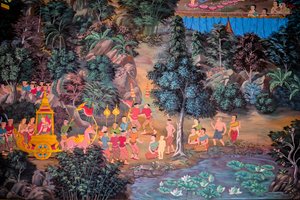 Dorpsscènes met Boeddha in Thailand, Wat Bang Riang, Thub Pat, Phang Nga, Thailand
