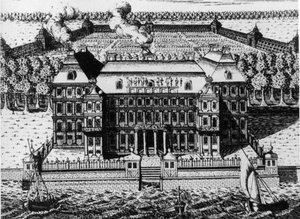 Paleis van A. Menshikov op Vassily-eiland: Een van de eerste gebouwen gebouwd in Sint-Petersburg (1711-1716), Gravure door A. Zubov (1717), Rusland. door Unbekannt