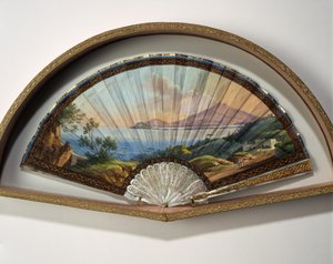 Papieren waaiermodel met een gouache schilderij dat de bestemmingen van de Grand Tour voorstelt, meestal een praktische reis door kunstenaars en intellectuelen van de 18e en 19e eeuw in de mediterrane landen tijdens hun jeugd voor hun opleiding en verrijki