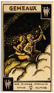 Paranormaal. Astrologie. Tweelingen (de Tweelingen). Astrologische kaart uit: Le Tarot Astrologique, door Georges Muchery, Frankrijk door Unbekannter Künstler