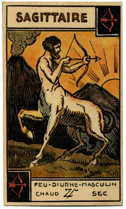 Paranormaal. Astrologie. Boogschutter (de Boogschutter). Astrologische kaart uit: Le Tarot Astrologique, door Georges Muchery, Frankrijk
