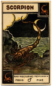 Paranormaal. Astrologie. Schorpioen (de Schorpioen). Astrologische kaart uit: Le Tarot Astrologique, door Georges Muchery, Frankrijk