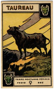 Paranormaal. Astrologie. Stier (de Stier). Astrologische kaart uit: Le Tarot Astrologique, door Georges Muchery, Frankrijk