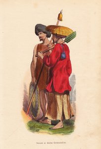 Boer en soldaat uit Cochinchina (Vietnam) - Mannen uit Vietnam (Cochinchina): soldaat met tulband, schild en speer, en boer met strohoed, tuniek en schop - Handgekleurde houtsnede door Mercier uit “Moeurs, Uses et Costumes de tous les Peuples du Monde, As door Unbekannter Künstler