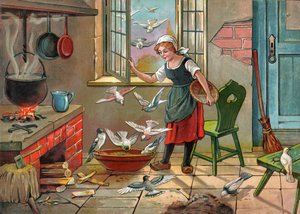 Boerenmeisje met duiven. (Illustratie rond 1920) door Unbekannter Künstler