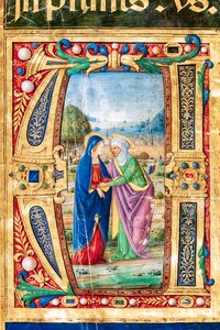 Piccolomini Bibliotheek: koorboek, cod. 14.P., ff. 2r met "de Visitatie van Maria en St. Elizabeth, door Giovanni di Giuliano Boccardi, bekend als Boccardino de Oudere. (detail) door Unbekannter Künstler