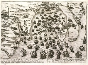Plan van de haven van Cadiz in 1596 ten tijde van de aanval door Sir Walter Raleigh