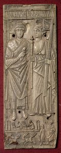 Plaquette die Basiliscus, keizer van het Oosten (gestorven 478) afbeeldt met een wagenrace eronder, Romeins, 480 na Christus