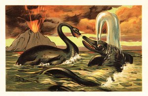Plesiosaurus en Ichthyosaurus vechtend voor een uitbarstende vulkaan, 1908 door Unbekannter Künstler