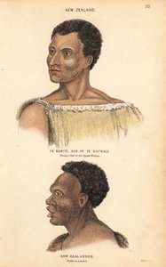 Portret van Te Kewiti, zoon van Te Kauwain, jonge leider van de Maori Ngate Watnas, Nieuw-Zeeland, en portret van een getatoeëerde Maori, Nieuw-Zeelander, getekend in Londen door Agasse.