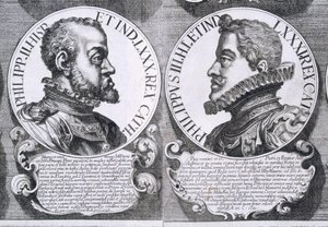 Portretten van Philip II en Philip III van Spanje (litho)
