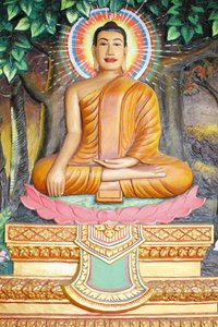 Preah Prom Rath-klooster, Leven van de Boeddha, Meditatie op een lotus, De Boeddha in aarde-aanrakende positie, Siem Reap, Cambodja