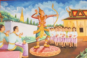 Preah Prom Rath-klooster, Leven van de Boeddha, Prins Siddhartha Gautama werd een kampioen in zwaardvechten, worstelen en boogschieten, Siem Reap, Cambodja door Unbekannt