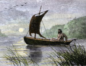 Prehistorische navigatie, roeiboot met dierenhuidzeil door Unbekannter Künstler