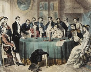 Presentatie in 1801 van de experimenten met de elektrische batterij aan de Eerste Consul Napoleon Bonaparte door Volta (gravure)
