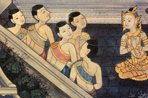 Prins Rama. Muurschildering detail op de binnenmuren van de Vihara uit het tijdperk van koning Rama III die de Ramakian uitbeeldt. Wat Pho - Wat Phra Chettuphon. 1788. Bangkok, Thailand