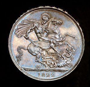 Zeldzame Britse munt, Koning George IV, proef zilveren kroon, patroonheilige van Engeland te paard met zwaard op het punt om de draak te doden, stempels door Benedetto Pistrucci door Unbekannter Künstler