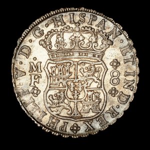 Zeldzame zilveren munt, Spaans Amerika Koning Ferdinand VI, 8 Reale, gekroond schild met Spaanse wapens 1740
