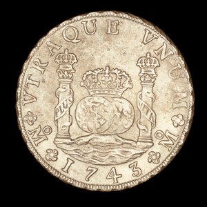 Zeldzame zilveren munt, Spaans Amerika Koning Ferdinand VI, 8 Reale, Zuilen van Hercules op de Straat van Gibraltar met globes, kroon door Unbekannter Künstler