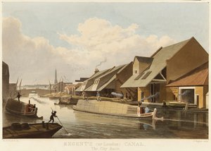 Regent Canal (of London Canal) (Engeland) en het Islington City Basin, het belangrijkste verkeerscentrum op het kanaal, beschreven met pakhuizen en laadperrons voor goederen door Unbekannter Künstler