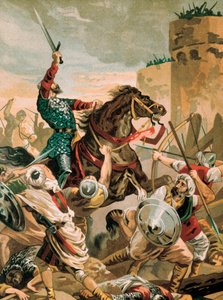 Voorstelling van Cid, Rodrigo Diaz de Vivar (1043-1099), Spaanse ridder held van de Reconquista tijdens het beleg van Valencia tegen de Saracenen in 1099 door Unbekannter Künstler