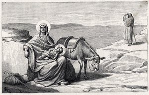 Rust tijdens de vlucht naar Egypte. Alfabet van het kindje Jezus. Uitgave van 1932. Houtsneden gesigneerd H G. Privécollectie
