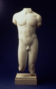 Romeinse mannelijke torso van een jeugdige figuur, naar een Polyclitaans bronzen origineel uit de 5e eeuw v.Chr. (voorzijde) ca. 1e eeuw n.Chr.