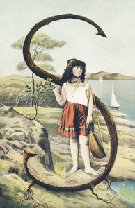 S : Een jong meisje in een korte rok en mouwloos lijfje houdt een mandoline in haar linkerhand. Landelijke omgeving - Alphabet personages Ref Th. E., L. Theochrom - Serie 994. Theodor Eisman, uitgever, Leipzig