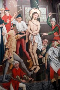 Saint-Pierre le Vieux Katholieke Kerk, Christus in zijn Passie, De Geseling, schilderij door Henri Lutzelman 15e eeuw, Straatsburg, Frankrijk