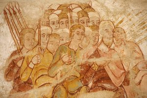 Schilderij van de abdij van Saint-Savin: Abraham en zijn volgelingen vechten, Saint-Savin-sur-Gartempe, Frankrijk