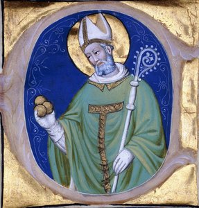 Sint Nicolaas van Myra, gehistorieerde initiaal "C", uit een verlucht koorboek op perkament, c.1400