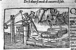 Zoutproductie: koken. Gravure door Olaus Magnus (1490 - 1557), Zweedse geestelijke en geograaf, 