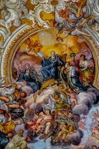 San Benedetto (St Benedictus) kerk, Catania, Sicilië (Italië). Plafondfresco detail (18e eeuw). St Benedictus.
