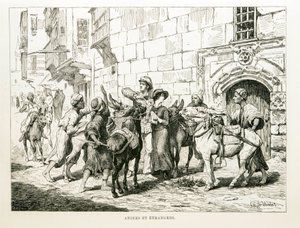Satirische tekening die westerse toeristen omringd door ezels en hun drijvers afbeeldt - Illustratie uit de Atlas van Egypte