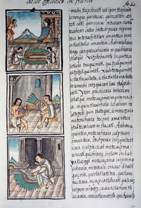 Set van versieringen en keizerlijke verenhoofdtooi, pagina uit de Florentijnse Codex, tweetalige versie in Spaans en Nahuatl, Algemene Geschiedenis van de Dingen van Nieuw-Spanje, door de Spaanse missionaris Fray Bernardino de Sahagun. Azteekse beschaving