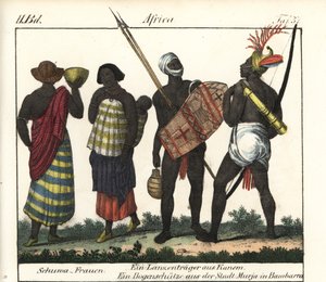 Shoua vrouwen met een baby, een speer en een boogschutter uit het Kanem-rijk (Tsjaad en Libië). Lithografie voor het boek: “Galerie complete en tableaux fideles des peuples d