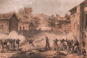 Siciliaanse vrijwilligers die voorposten aan de linkerkant van de Napolitanen in Milazzo, Sicilië aanvallen door William M. Timlin