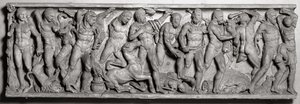 Zijde van een sarcofaag die de werken van Hercules afbeeldt, Romeins, 2e eeuw