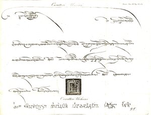 Voorbeelden van de Uminn en Uchen karakters in de taal van Tibet. Illustratie door luitenant Samuel Davis uit het verslag van kapitein Samuel Turner (1759-1802) over een ambassade naar het hof van de Teshoo Lama in Tibet 1800. Kopergravure door dell