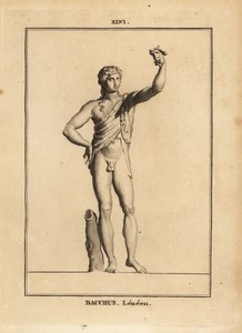 Standbeeld van Bacchus Lenaios, de Romeinse god van de wijn, naakt behalve voor een leeuwenhuid, die een tros druiven perst